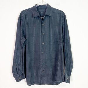 TOMMY BAHAMA BLACK TONAL BOX STRIPE LONG SLEEVE LINEN SHIRT MENS SZ MEDIUM